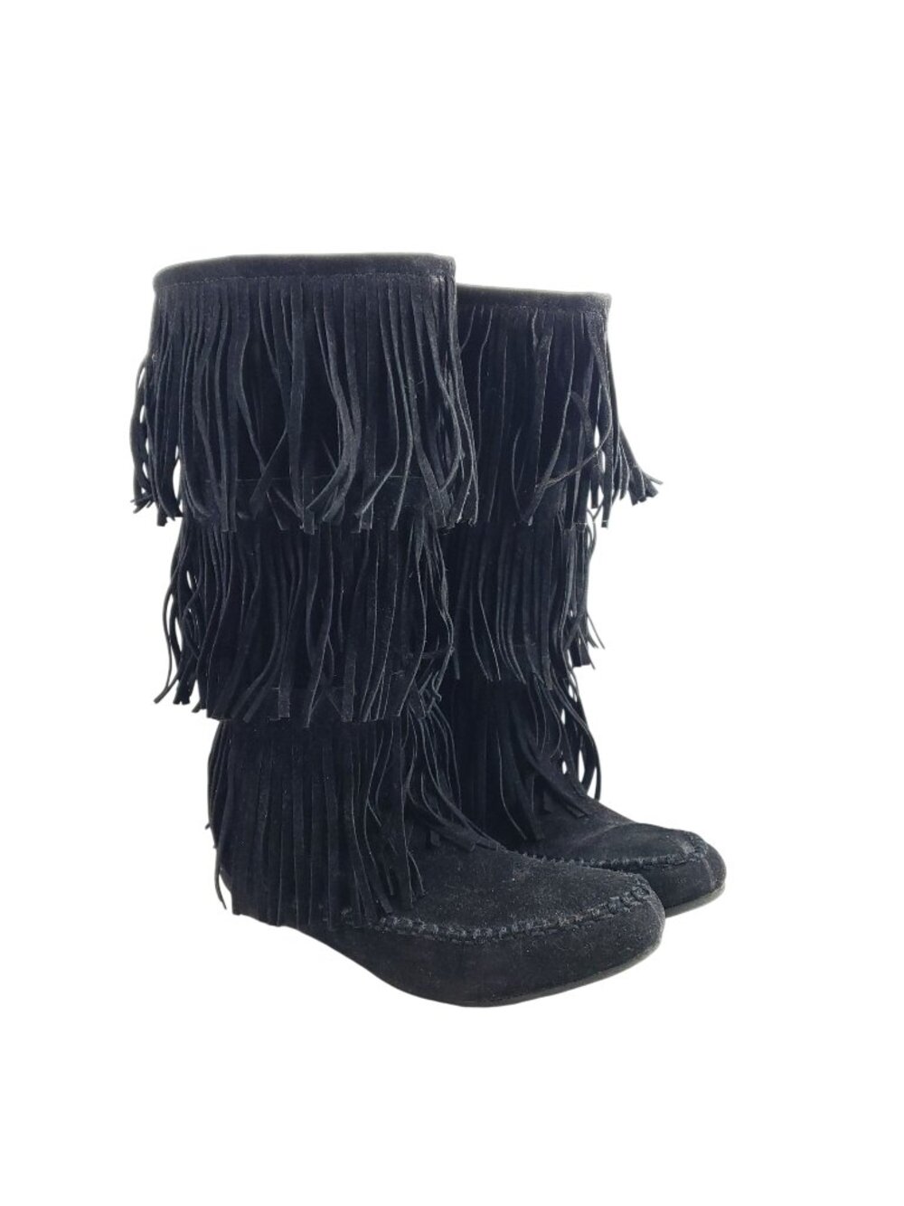 Womens Size 10 Wide Black Fringe Knee-High Moccasin Boots Faux Suede